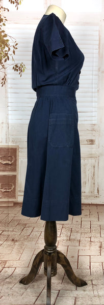 Super Rare Original 1930s Vintage Navy Blue Denim Sportswear Dress With Pin Tucks