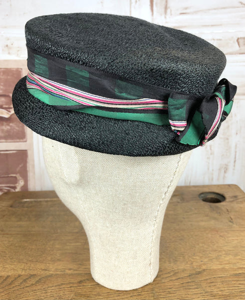 Cute Original 1950s Vintage Black Hat With Pink And Green Tartan Plaid Trim