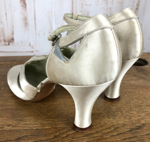 LAYAWAY PAYMENT 1 OF 4 - RESERVED FOR SAIRA - Magnificent Original Late 1920s / Early 1930s Champagne Satin Heeled Mary Jane Evening Shoes