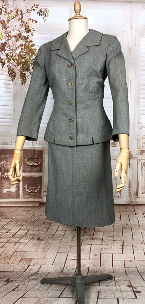 Fabulous Original Late 1940s / Early 1950s Vintage Grey Belt Back Skirt Suit