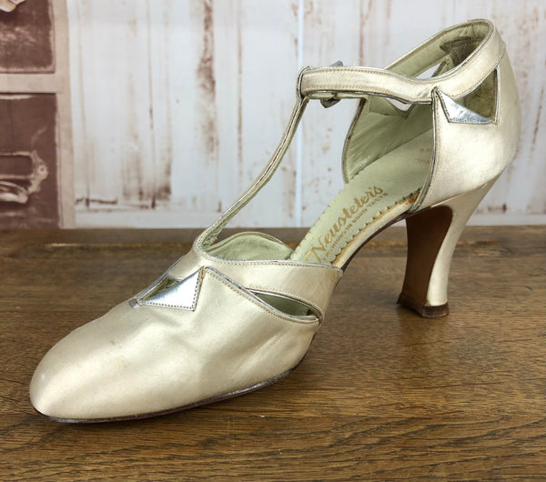 LAYAWAY PAYMENT 1 OF 4 - RESERVED FOR SAIRA - Magnificent Original Late 1920s / Early 1930s Champagne Satin Heeled Mary Jane Evening Shoes