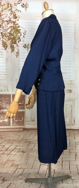 Wonderful Late 1940s / Early 1950s Original Volup Vintage Blue Silk Blend Belt Back Summer Suit