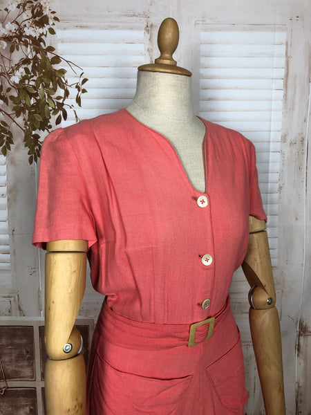 LAYAWAY PAYMENT 1 OF 4 - RESERVED FOR SAIRA - Gorgeous Original 1930s Vintage Coral Cotton Belted Summer Dress With Pockets