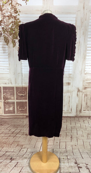 Original 1930s 30s Vintage Volup Aubergine Velvet Dress With Draped Puff Sleeves