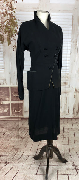 Original 1950s 50s Vintage Black Wool Asymmetric Double Breasted Skirt Suit With Iridescent Trim By Miami Roma