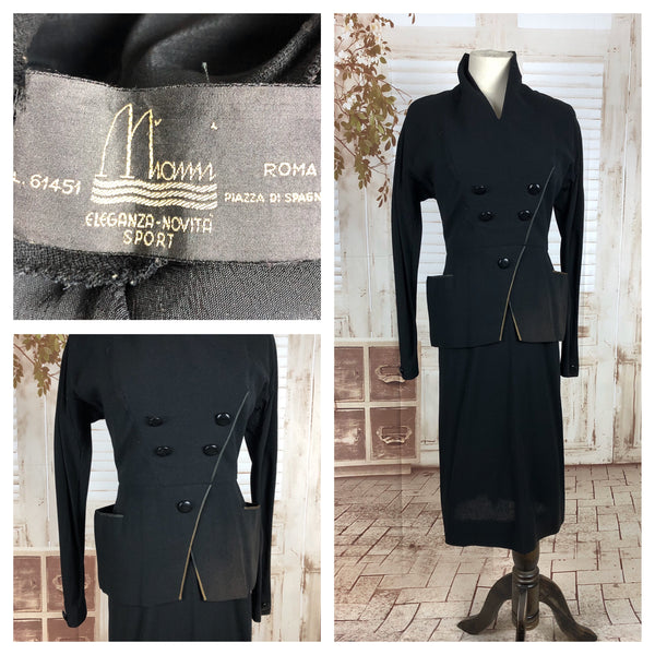 Original 1950s 50s Vintage Black Wool Asymmetric Double Breasted Skirt Suit With Iridescent Trim By Miami Roma