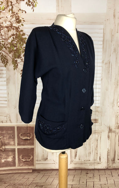 Original 1930s 30s Vintage Navy Blue Gabardine Jacket With Beading