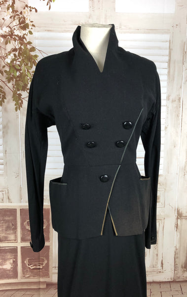 Original 1950s 50s Vintage Black Wool Asymmetric Double Breasted Skirt Suit With Iridescent Trim By Miami Roma