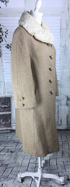 Original Vintage Late 1950's Felix Fashions Bouclé Wool Camel And Moleskin Collar Fur Coat