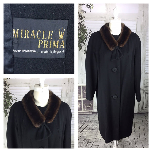 Original Vintage 1950's Miracle Prima Black Swing Coat With Mink Collar