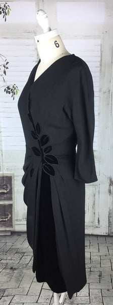 RESERVED ON LAYAWAY FOR KELLY - PLEASE DO NOT PURCHASE - Original Vintage 1940s 40s Black Appliqué Velvet And Crepe Cocktail Dress