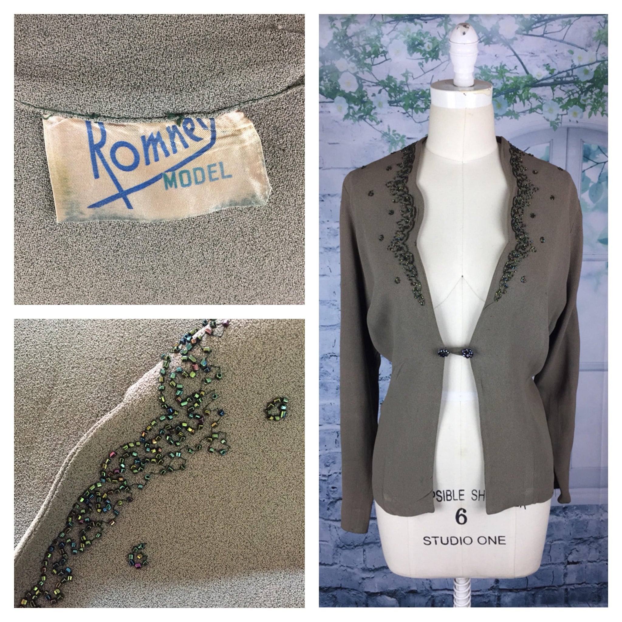 Original 1940s 40s Vintage Romney Olive Beaded Jacket