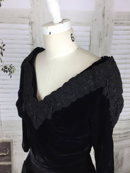 Original Vintage Black Velvet 1930s 30s Soutache Tassel Dress