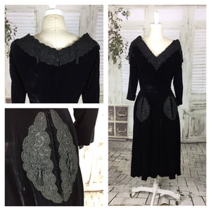 Original Vintage Black Velvet 1930s 30s Soutache Tassel Dress