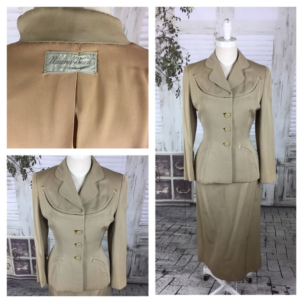 Original 1940s 40s Beige Arrow Gabardine Skirt Suit