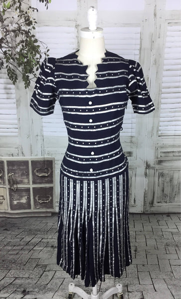 Original 1930s Vintage Dark Blue With Hand Painted Silver Stripe And Dot Decoration Dress
