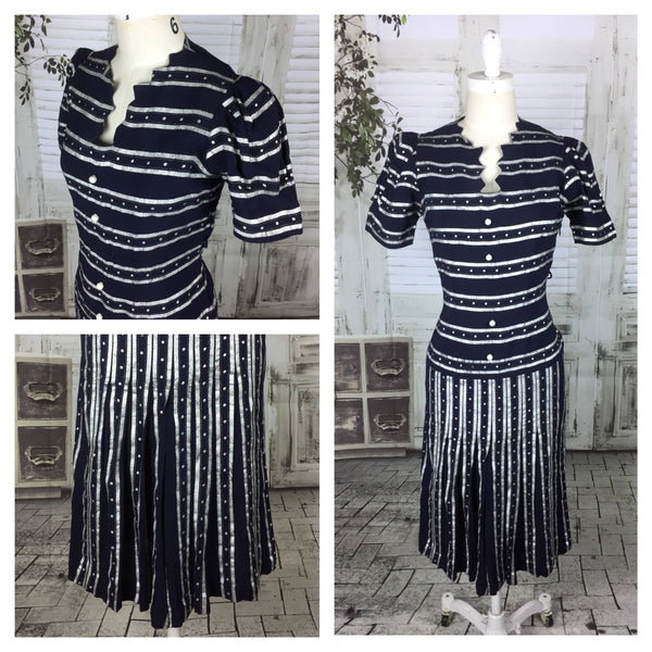 Original 1930s Vintage Dark Blue With Hand Painted Silver Stripe And Dot Decoration Dress