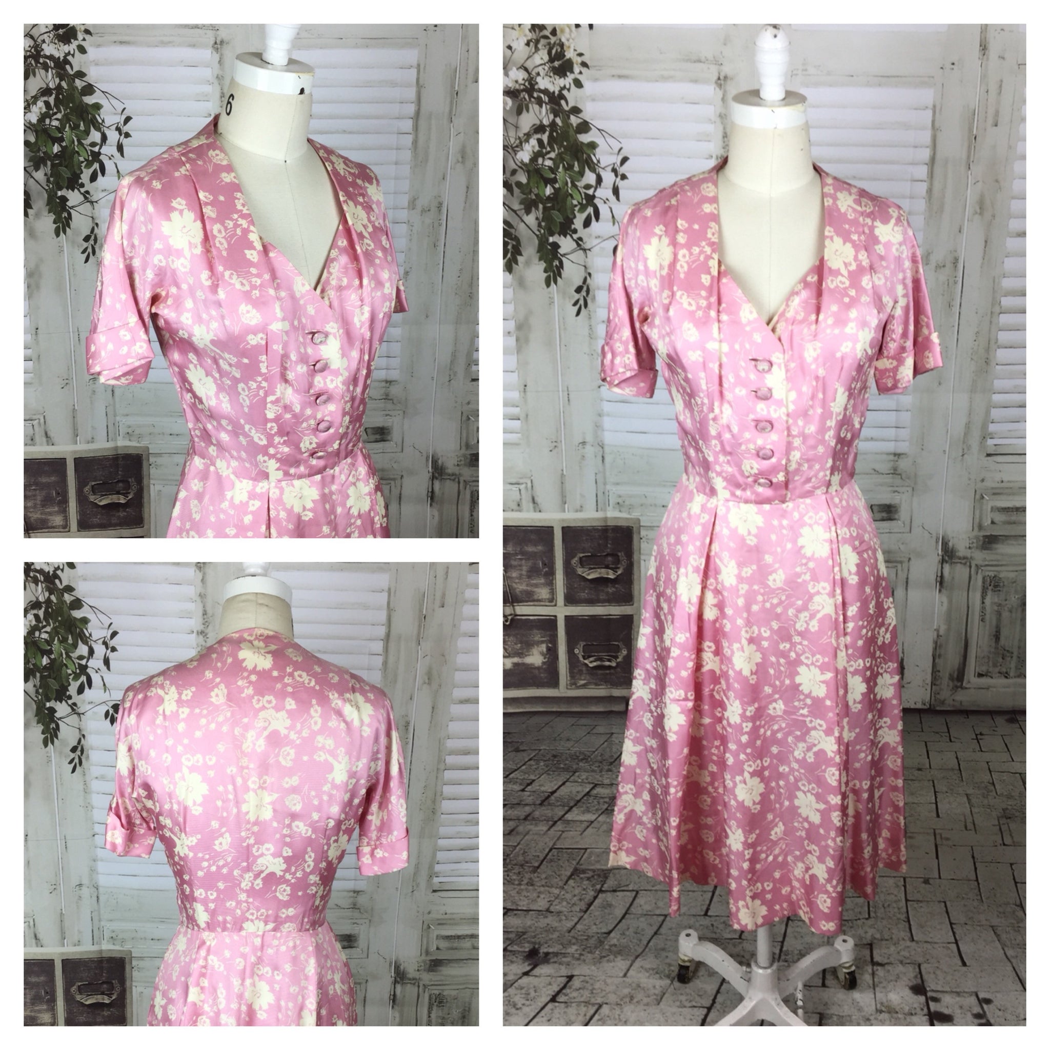 Original 1940s 40s Vintage Pink And Ivory Flower Patter Satin Dress