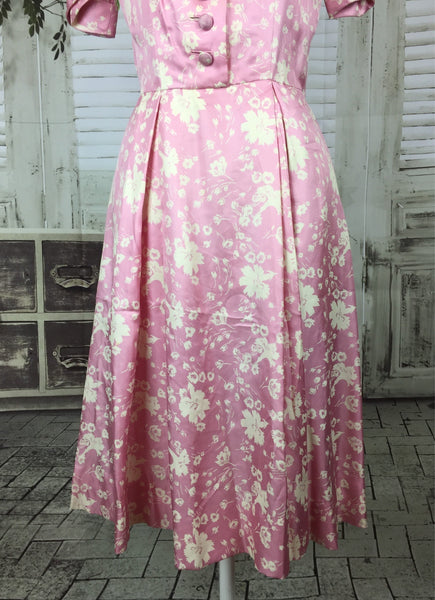 Original 1940s 40s Vintage Pink And Ivory Flower Patter Satin Dress