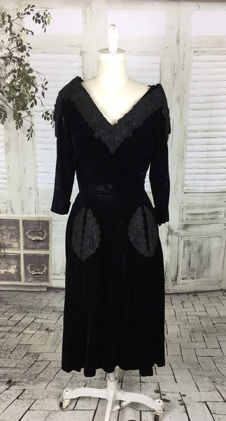 Original Vintage Black Velvet 1930s 30s Soutache Tassel Dress