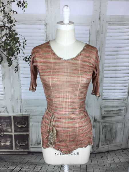 Original 1920s Pink Silk Top With Tassel String Belt & Collar