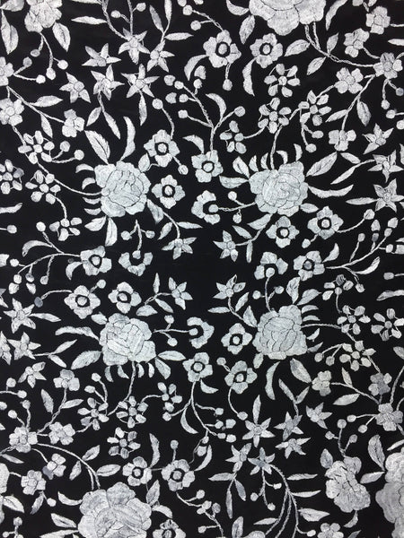 Original 1950s Black And White Floral Embroidered Shawl