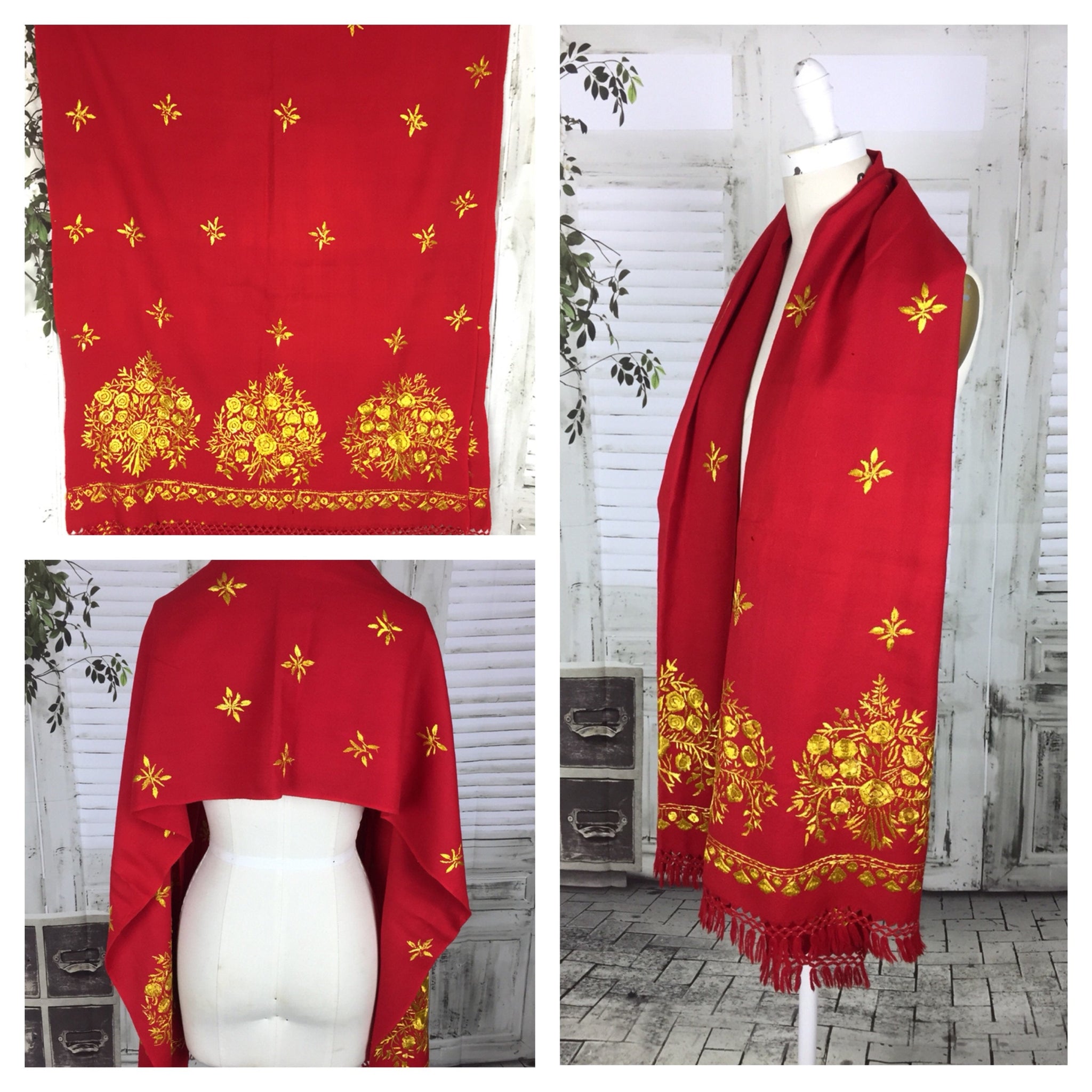 Original Vintage Red Wool And Gold Embroidered Shawl