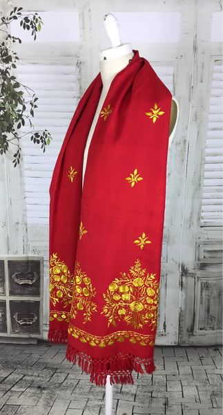Original Vintage Red Wool And Gold Embroidered Shawl