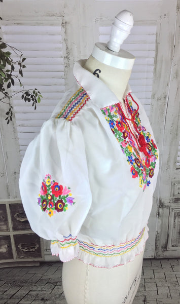 Original 1960s Hungarian Peasant Blouse With Embroidered Flower Decoration