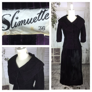 Original 1950s Vintage Black Velvet With Purple Stripe Skirt Suit By Slimuette Petite
