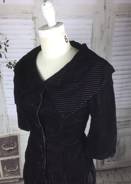 Original 1950s Vintage Black Velvet With Purple Stripe Skirt Suit By Slimuette Petite