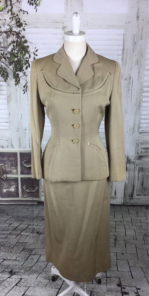Original 1940s 40s Beige Arrow Gabardine Skirt Suit