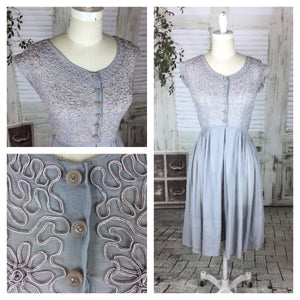 Original 1950s 50s Vintage Light Blue Lightweight Cotton Summer Dress With Soutache Bodice And Diamante Buttons