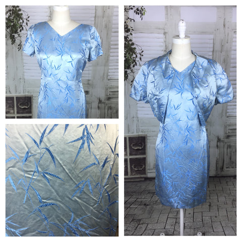 Original 1950s 50s Vintage Light Blue Asian Bamboo Cocktail Dress And Bolero Set