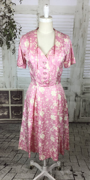 Original 1940s 40s Vintage Pink And Ivory Flower Patter Satin Dress