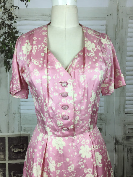 Original 1940s 40s Vintage Pink And Ivory Flower Patter Satin Dress