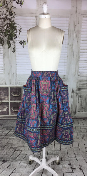Original 1950s 50s Vintage Skirt With Purple And Blue Paisley Pattern