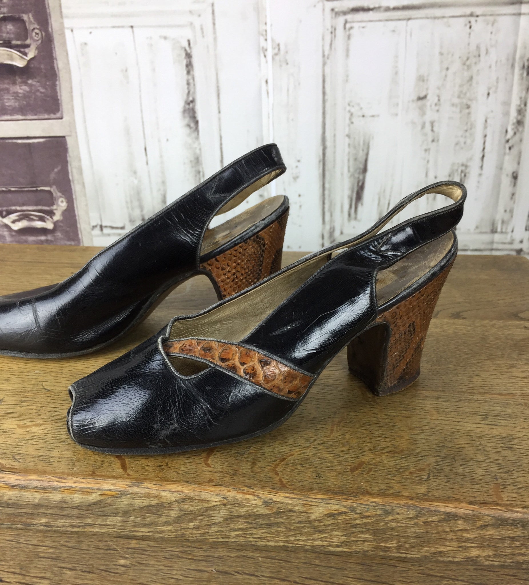 Original 1940s Vintage Black Patent Leather And Brown Reptile High Heel Shoes