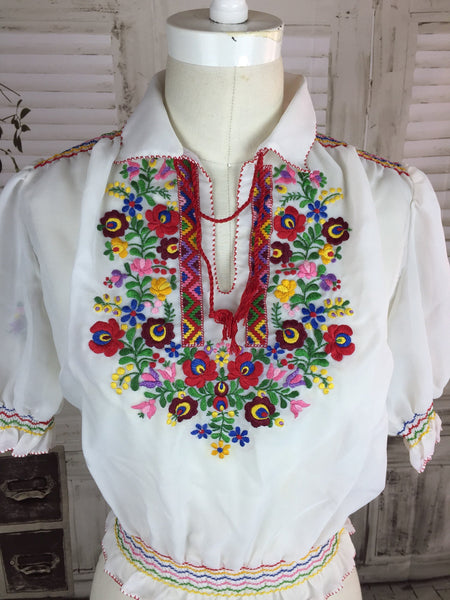 Original 1960s Hungarian Peasant Blouse With Embroidered Flower Decoration