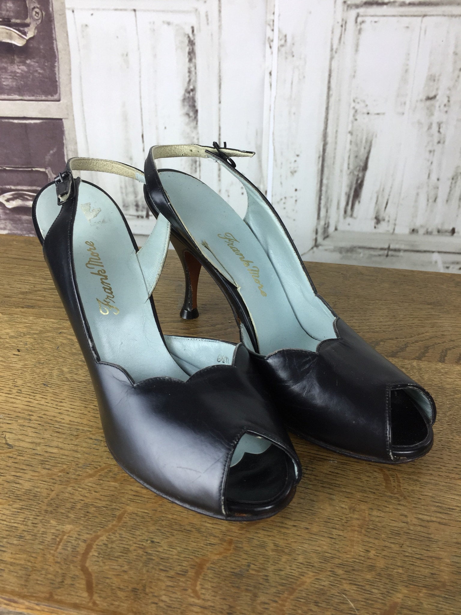 Original 1950s Vintage Black Leather Stiletto Heels By Frank More