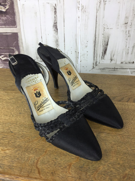 Original 1950s Vintage Italian Black Satin And Rope Stiletto Heels By Capricio