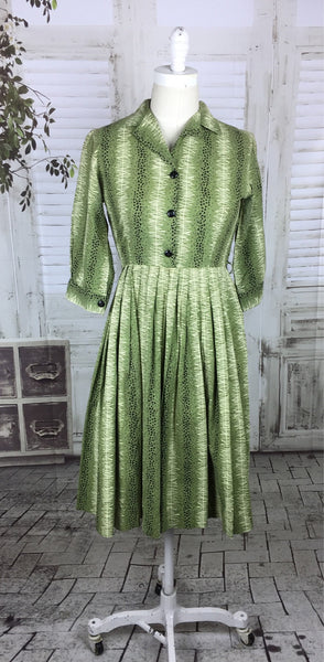Original Vintage 1950s 50s Green Novelty Print Day Dress