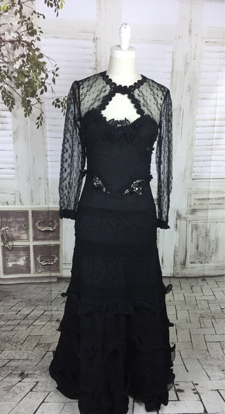 Original 1950s 50s Vintage Black Cotton And Lace Evening Gown Dress Stage Outfit