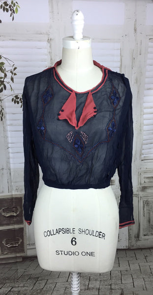 Original Edwardian Vintage Chiffon Navy Blue And Coral Beaded Blouse Top