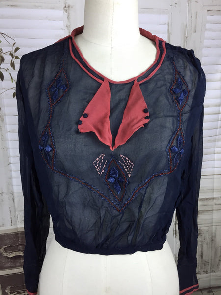 Original Edwardian Vintage Chiffon Navy Blue And Coral Beaded Blouse Top