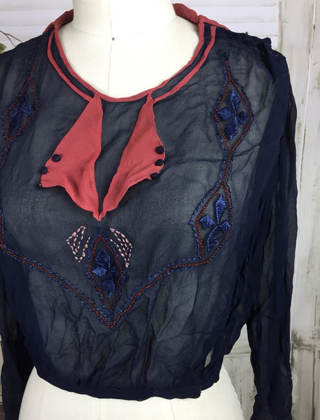 Original Edwardian Vintage Chiffon Navy Blue And Coral Beaded Blouse Top