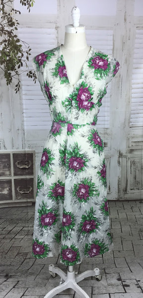 Original 1950s 50s Vintage Nylon White With Purple Flowers Summer Dress