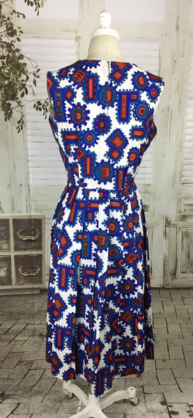 Original 1950s 50s Vintage Aztec Novelty Print Acetate Day Dress
