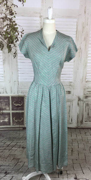 Original 1950s 50s Vintage Green Grey Stripe Day Dress