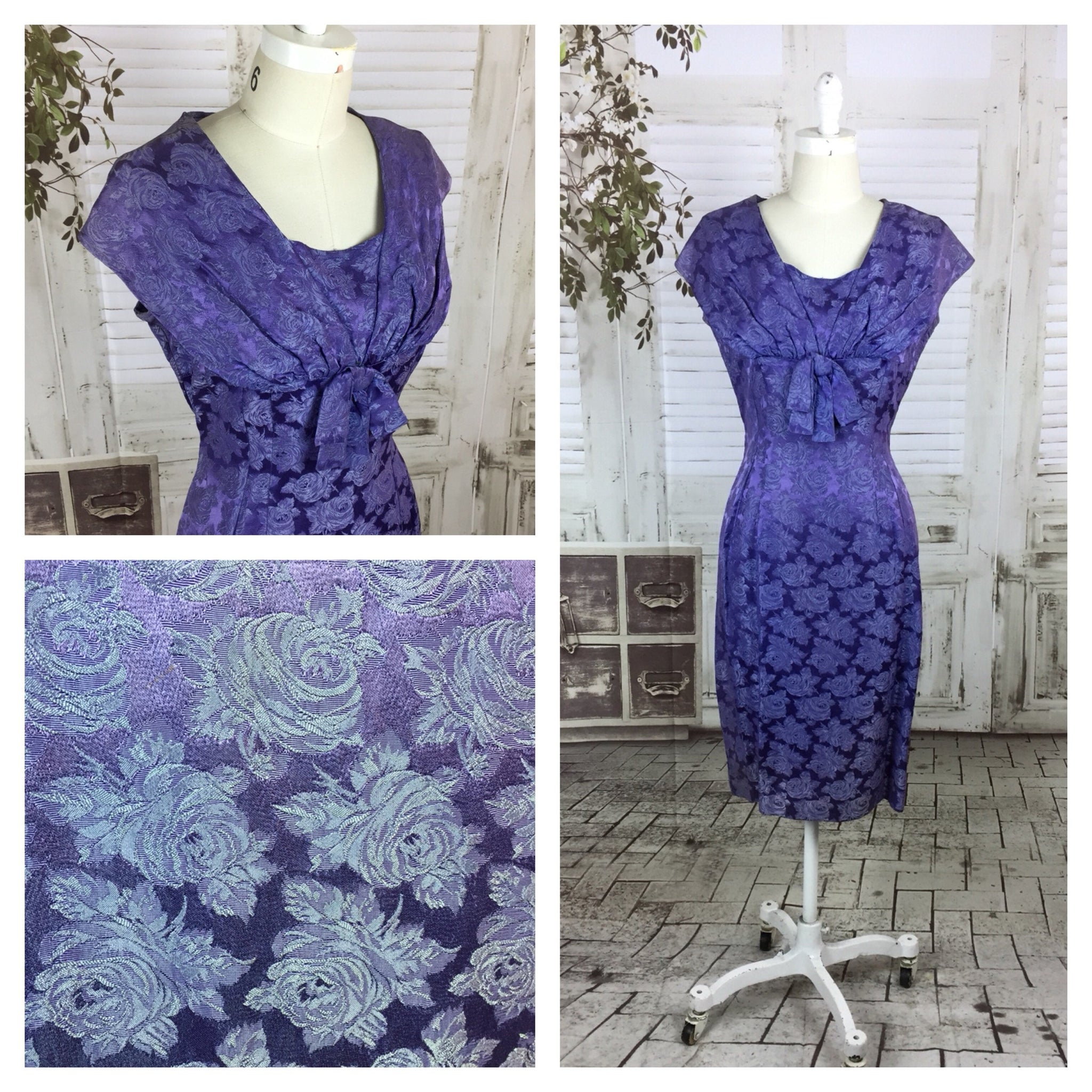 Original 1950s 50s Vintage Purple Wriggle Dress With Rose Decoration - more pictures